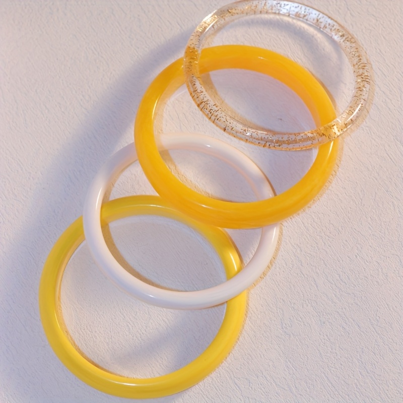 4pcs Lemon Yellow & Contrast Resin Bangles Bohemian Minimalist